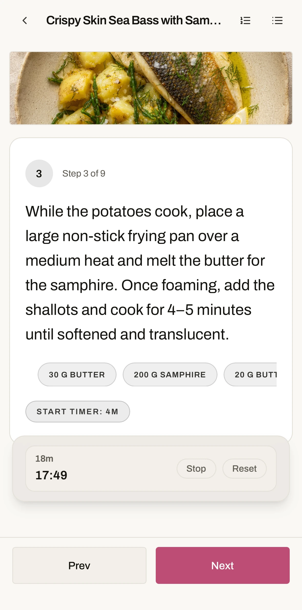 Chop it Cook Mode part way through a recipe, showing the current step alongside its ingredients and a timer